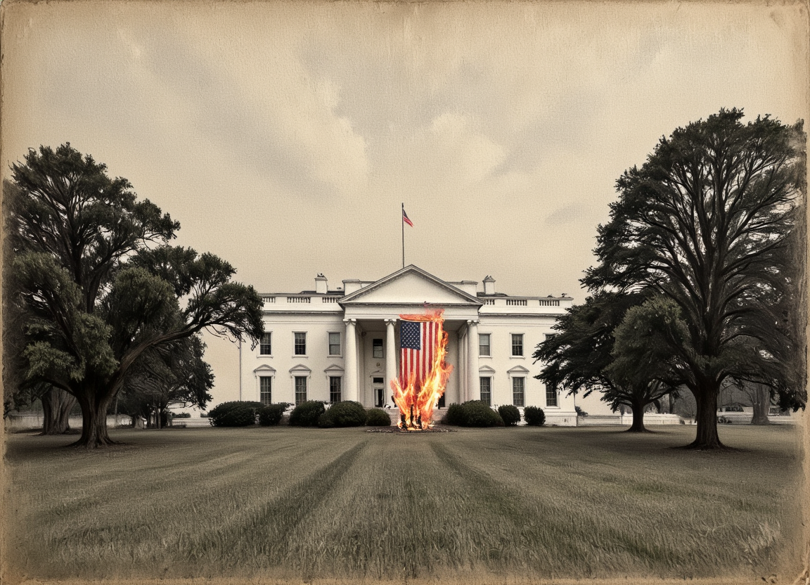 American flag draped over the whitehouse burns